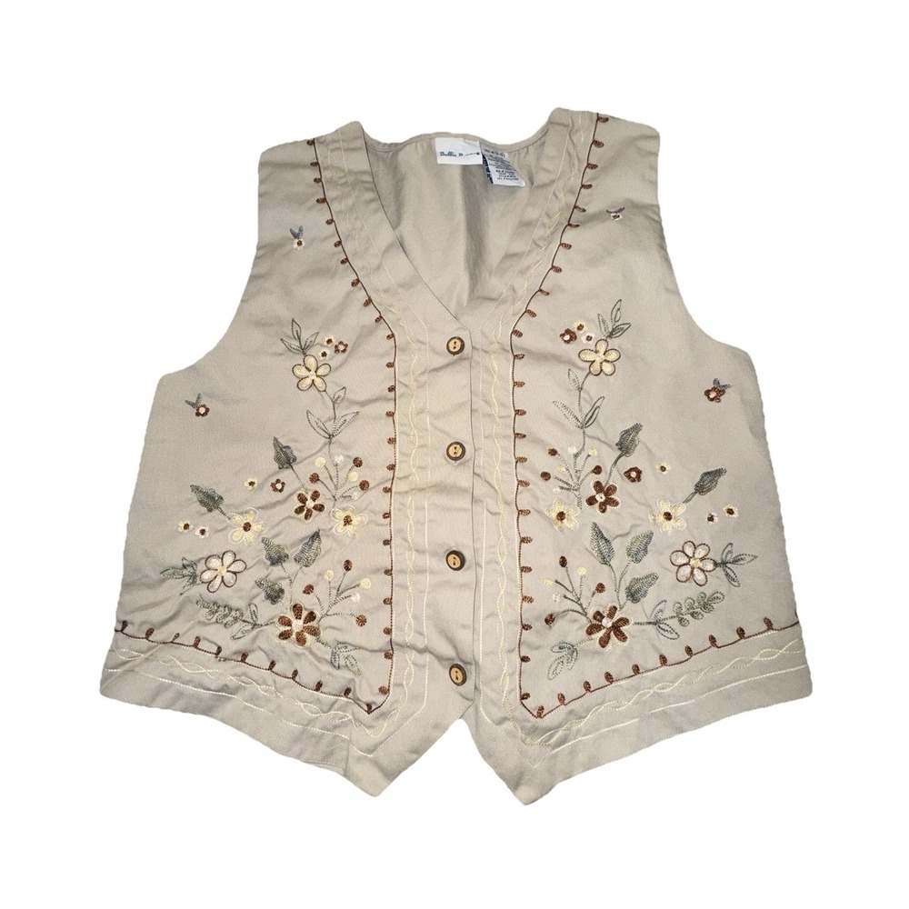 Vintage Bobbie Brooks Sz M Khaki Best Embroidered Flowers Wood Button